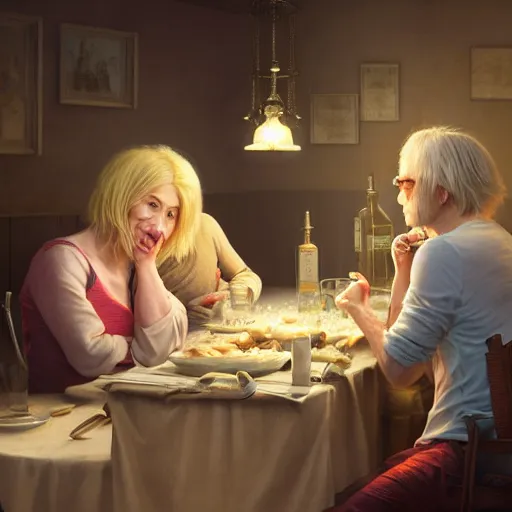 Prompt: michael mcintyre and middle aged blonde woman with short hair and a blonde woman with long hair having dinner, anatomy, bathed in light, highly detailed, photorealistic, artstation, smooth, sharp focus, illustration, unreal engine 5, 8 k, art by artgerm and greg rutkowski and edgar maxence