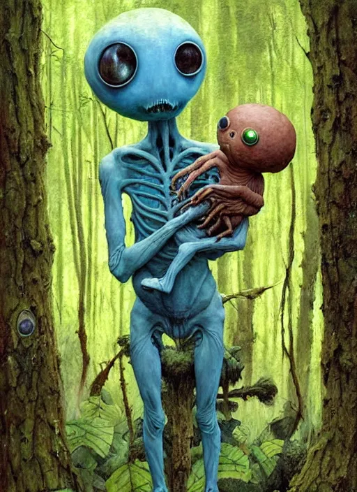 Image similar to cuddly friendly alien in the woods by a river gorgeous lighting, lush forest foliage blue sky a hyper realistic painting by chiara bautista and beksinski and norman rockwell and greg rutkowski, weta studio, and lucasfilm