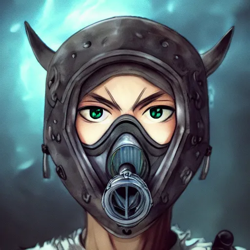 Create a glitched anime profile picture that has a gas mask on