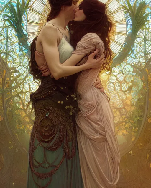 Image similar to the kiss | highly detailed | very intricate | art nouveau | gold filigree | romantic storybook fantasy | soft cinematic lighting | award - winning | painted by mandy jurgens and alphonse mucha and alena aenami | pastel color palette | featured on artstation