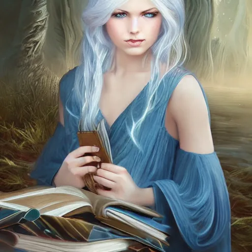 Image similar to a girl reading a book, hair flowing down, 8 k, hyperrealistic, hyperdetailed, white hair, blue eyes, fantasy portrait by laura sava