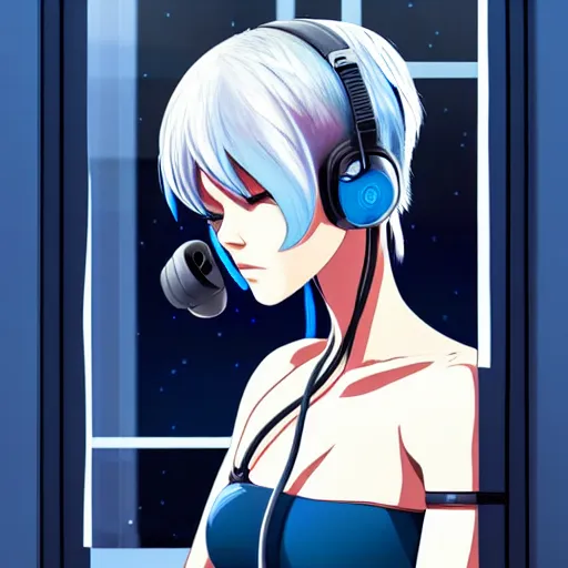 Image similar to cyborg - girl with silver hair, wearing headphones, and sitting on a window sill, highly detailed, painting, dark blue and black color palette, intricate, high quality anime artstyle, in the style of artgerm