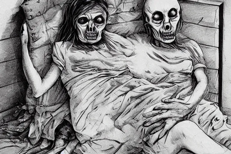 Image similar to never go to sleep now, horror art, creepy