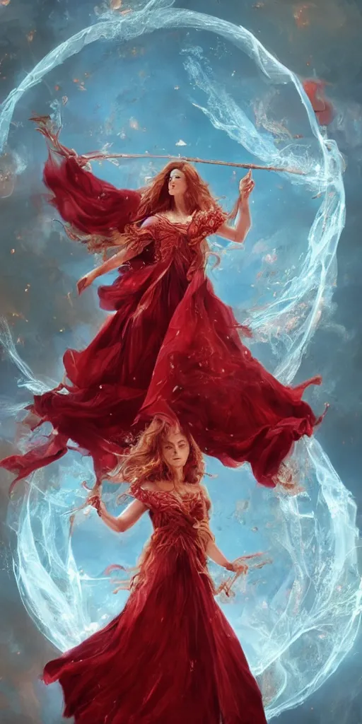Image similar to A woman floats in midair, encircled by a ring of fire. She wears a crimson gown and her hair is wild and flowing. In her hands she holds a staff adorned with a large crystal ball, super coherent, trending on artstation, female, magic, by Lulu Chen and Mandy Jurgens