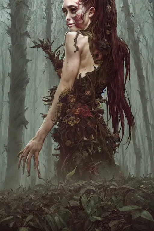 Image similar to scared cottagecore zombie Ariana Grande , rotten flesh & corpses, creepy forest, intricate, elegant, highly detailed, digital painting, artstation, concept art, smooth, sharp, focus, illustration, art by artgerm and greg rutkowski and alphonse mucha