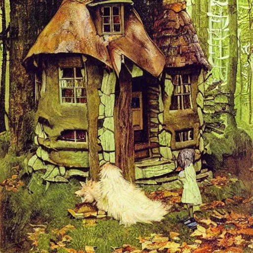 Image similar to witch cottage in the forest, art by norman rockwell