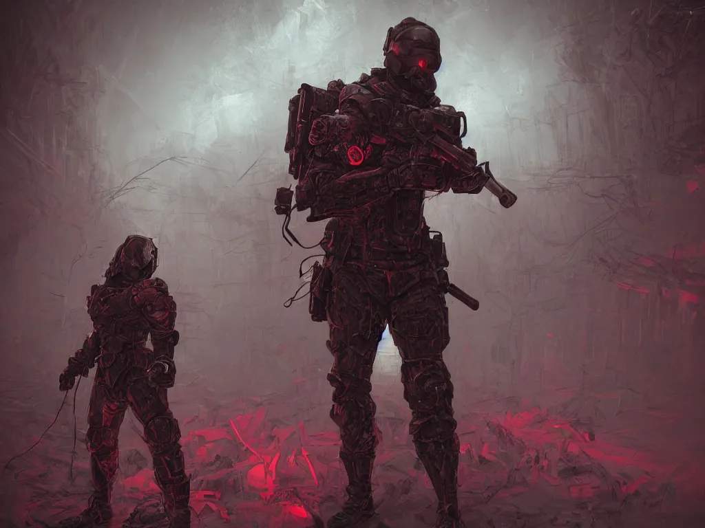 Image similar to tactical combat squad in red hoods in exoskeletons with edged weapons fighting otherworldly monsters werewolves between the mystical foggy swamp dieselpunk style. Style as if Dan Mumford and Steven Belledin make game in Unreal Engine, photorealism, colorful, finalRender iridescent fantasy concept art 8k resolution concept art ink drawing volumetric lighting bioluminescence, plasma, neon, brimming with energy, electricity, power, Colorful Sci-Fi Steampunk Biological Living, cel-shaded, depth, particles, lots of reflective surfaces, subsurface scattering