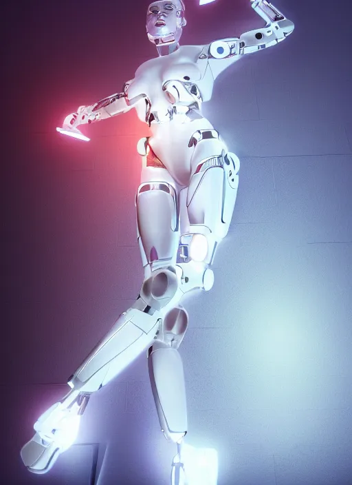 Prompt: photorealistic detailed full body picture of a female cyborg, pretty face with arms and legs, glamour pose, neon lights, white suit, humanoid, extreme, uhdr, book called the most influental cyborg in 2 0 5 0, fine details, highly detailed, intricate, smooth sharp focus