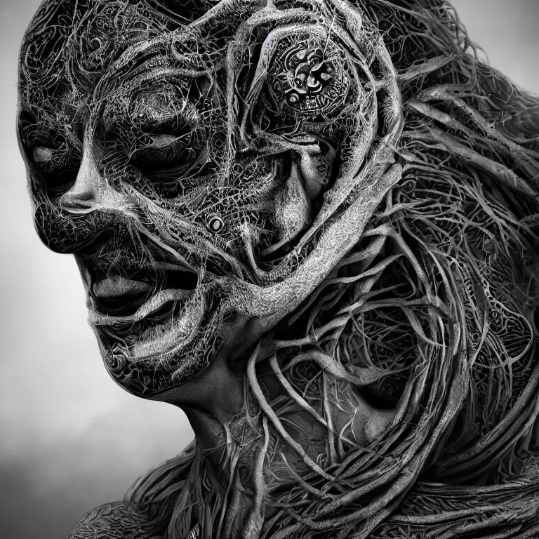 Image similar to surreal spinal ribbed tribal exotic organic face portrait of a beautiful cult member wearing occult, beautiful detailed intricate insanely detailed BW 3D render digital art, octane render, 8K artistic photography, photorealistic