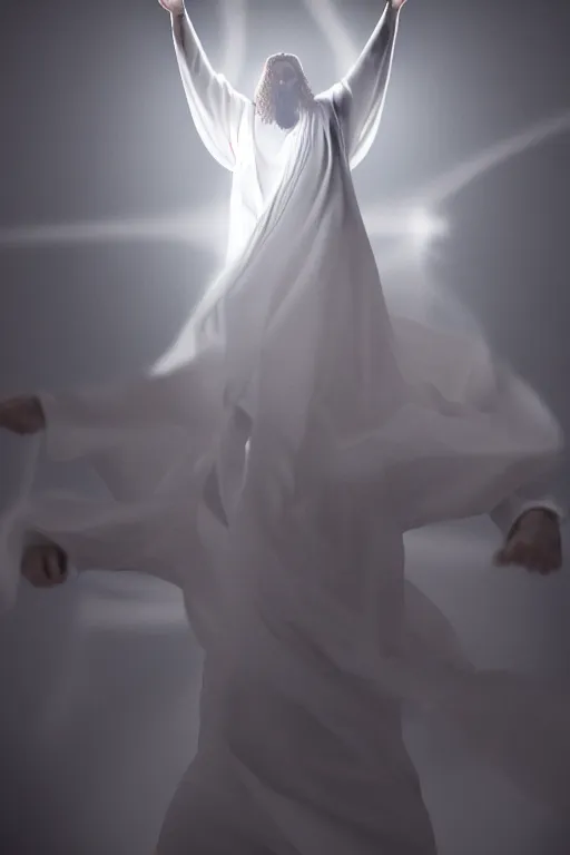 Image similar to jesus christ wearing a white robe strikes a dance pose in a hospital, intricate, hyper detailed, accent lighting, dramatic light, 4 k octane render