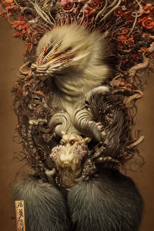 Image similar to a portrait of a japanese strange animal illustrated by miyazaki by karol bak, james jean, tom bagshaw, rococo, sharp focus, trending on artstation, cinematic lighting, hyper realism, octane render, 8 k, hyper detailed, vivid, ultra detailed, highly detailed