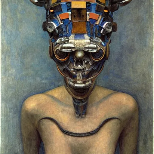 Image similar to the robot wearing the bone crown, by Annie Swynnerton and Diego Rivera , symbolist, dramatic lighting, elaborate geometric ornament, Art Brut, soft cool colors,smooth, sharp focus, extremely detailed, Adolf Wölfli and (Donato Giancola)