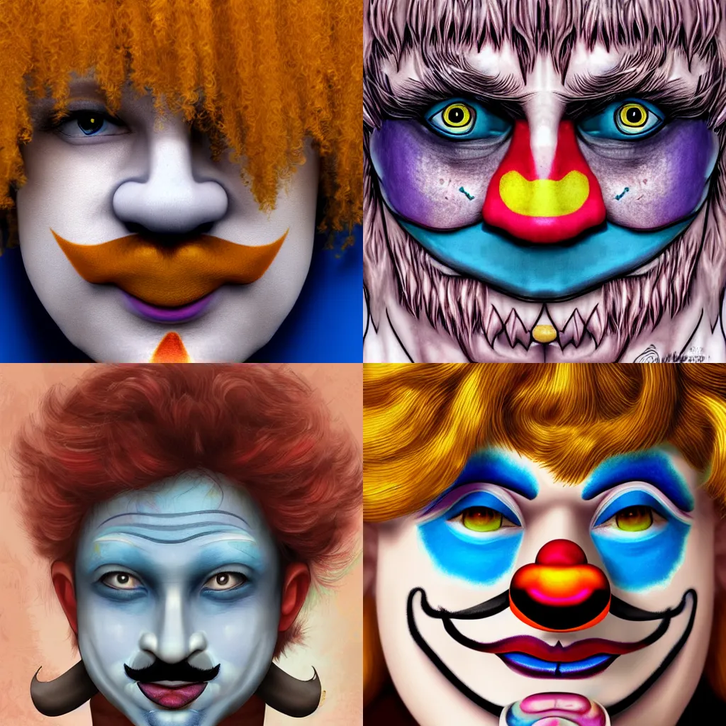 Prompt: smirking mischievous bodhisattva, brown eyes, pale skin, blue mustache, clown make-up, shaggy curly redhead mullet, close up, at the disco, surrealist digital art trending on artstation