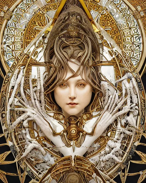 Image similar to symmetry, white marble, white marble bas relief sculpture, white and gold kintsugi, feminine shapes, crabs, spiders, scorpions, tarantulas, stunning, art by hr geiger and ridley scott and alphonse mucha and josephine wall, highly detailed, intricately detailed, art nuevo, octane, 8 k, trending on artstation