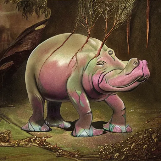 Prompt: creepy crystal hippopotamus by antonio berni