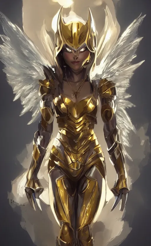 Image similar to Concept art, angel knight girl in golden and silver armor adorned with sapphire gems, artstation trending, cinematic, highly detailded