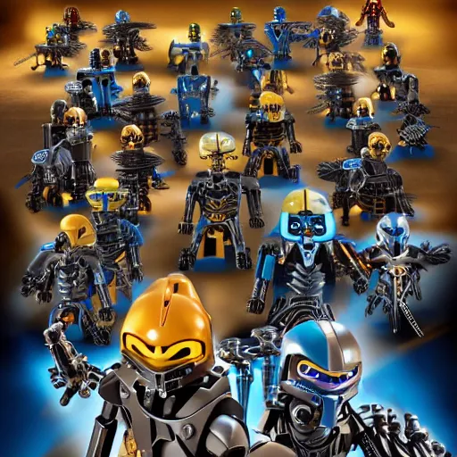 Image similar to an army of bionicle ready to overtake playmobil kingdom, high quality, very detailed, 4k