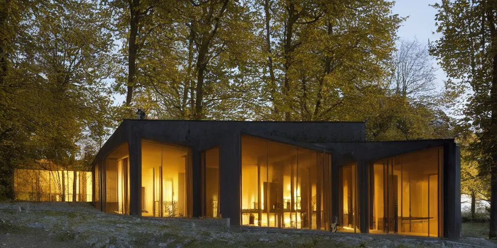 Image similar to a house by the river rhein close to mumpf designed by peter zumthor, beautiful ambient light, golden hour