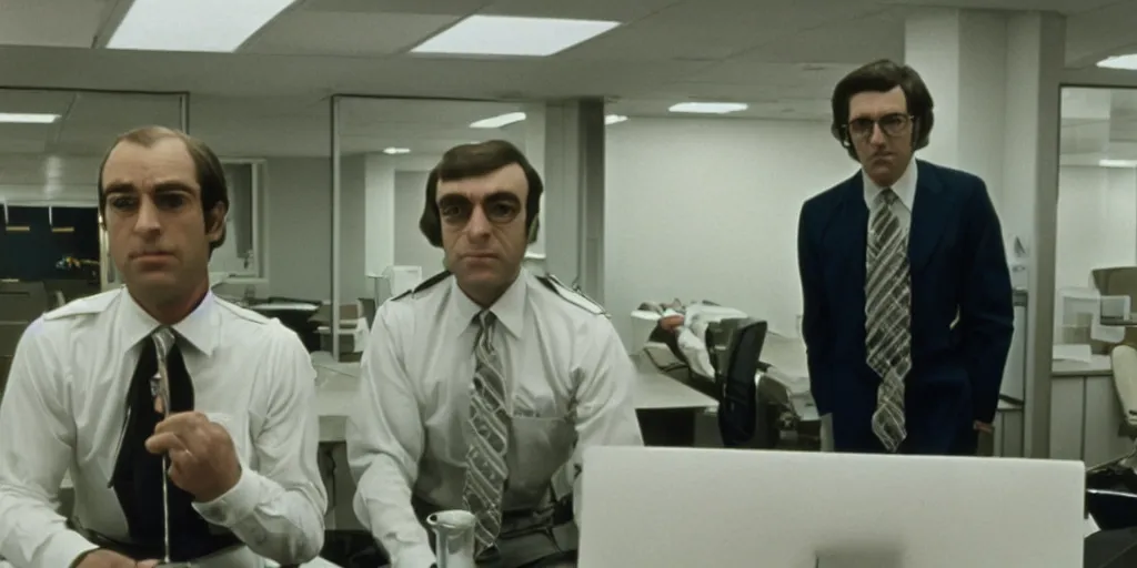 Prompt: screenshot of sharone stone as office cheif at a private company, 1 9 7 0 s psychological thriller by stanely kubrick film, color kodak, anamorphic lenses, detailed faces, moody cinematography