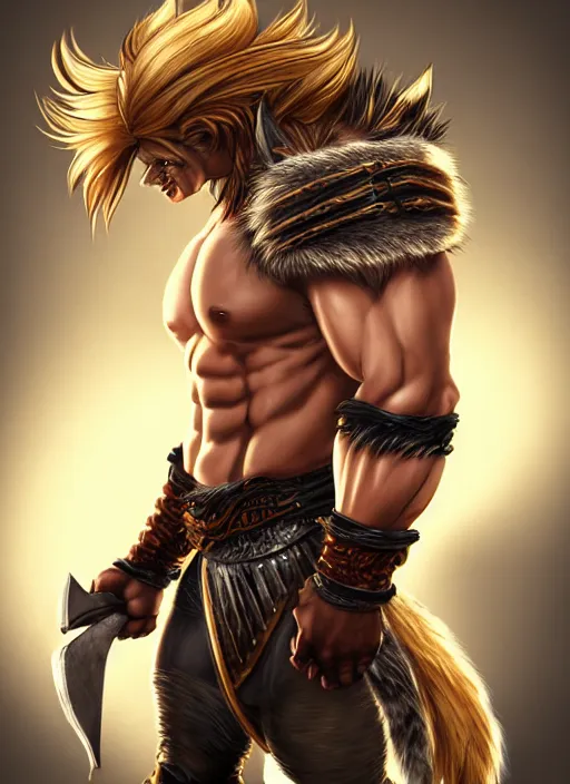 Image similar to barbarian, jackson wang, fierce, big muscles, large muscular chest, fur leather armor!!! handsome golden hair male!! character concept art, sharp focus, octane render! unreal engine 5! highly rendered!! trending on artstation!! detailed linework!! illustration by artgerm, wlop, and chie yoshii