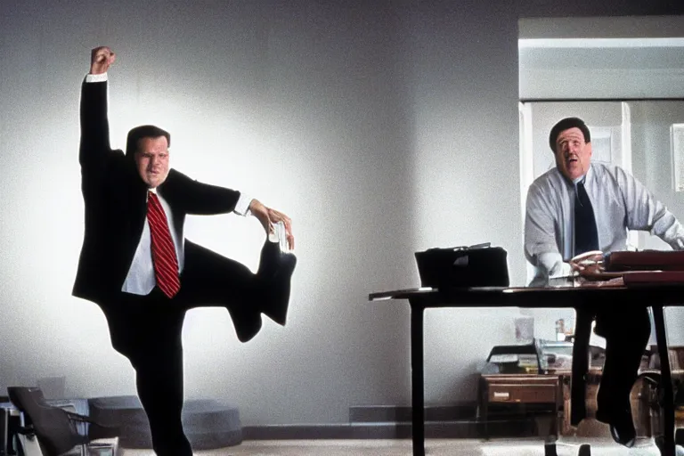 Image similar to cinematic film still from 1994 film: portly clean-shaven white man wearing suit and necktie at his desk, kicking his right foot in the air, XF IQ4, f/1.4, ISO 200, 1/160s, 8K, RAW, dramatic lighting, symmetrical balance, in-frame