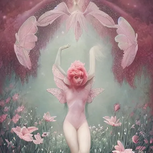 Image similar to symmetry!! a pink beautiful fairy with large wings and flowing hair is exploring her flower garden, style of tom bagshaw, extremely detailed, muted colors, negative space