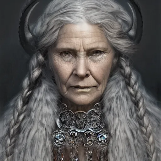 Prompt: Old viking woman with braids in gray hair wearing fur and jewelry, gorgeous, beautiful, intricate, highly detailed, digital painting, artstation, cinematic lighting, concept art, sharp focus, illustration, art by greg rutkowski and alphonse mucha
