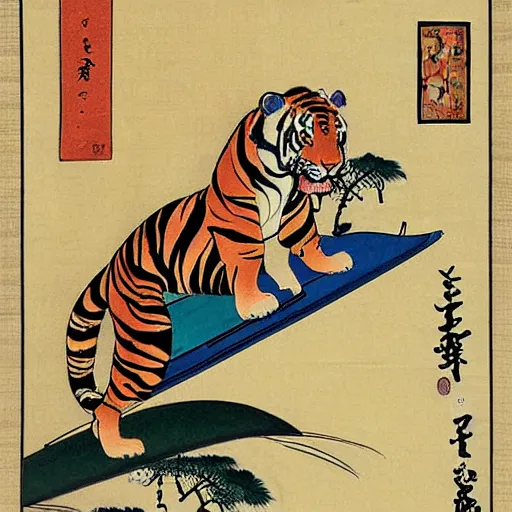 Prompt: a tiger surfing the internet, ukiyo - e art