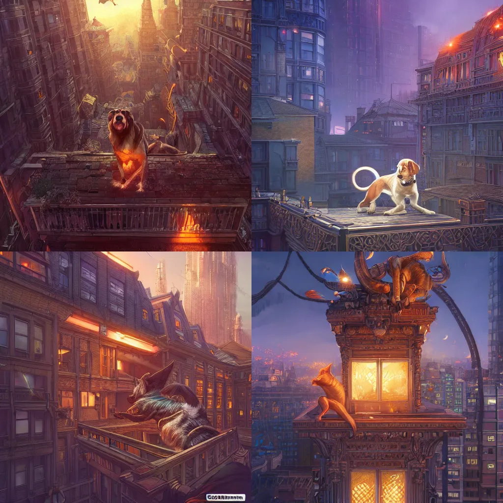Prompt: rooftop occupied by a dog, fantasy, intricate, epic lighting, cinematic composition, hyper realistic, 8 k resolution, unreal engine 5, by artgerm, tooth wu, dan mumford, beeple, wlop, rossdraws, james jean, marc simonetti, artstation