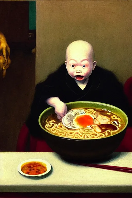 Image similar to evil hungry giant baby eating a huge bowl of ramen in new york city, traditional chinese restaurant, hauntingly surreal, highly detailed painting by francis bacon, edward hopper, adrian ghenie, gerhard richter, and james jean soft light 4 k,