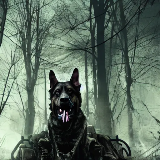 Image similar to dog - walker with german shepherd as angry zombie in a city park, full body portrait, horror core, apocalyptic, sharp focus, fiction, hyper detailed, digital art, trending in artstation, cinematic lighting, studio quality, smooth render, unreal engine 5 rendered, octane rendered, art style and nixeu and wlop and krenz cushart