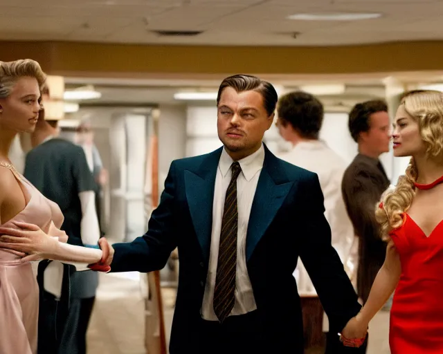 Image similar to leonardo dicaprio as the wolf of wall street holding hands with margot robbie, cinamtic, hyper detailed, 8 5 mm photograph, 8 k resolution, film still, sharp lens, wide lens