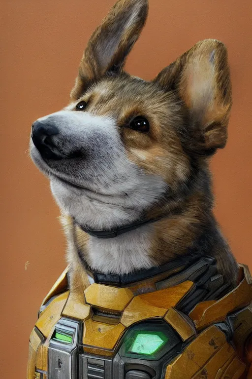 Image similar to master chief as a corgi, oil on canvas, intricate, portrait, 8 k highly professionally detailed, hdr, cgsociety