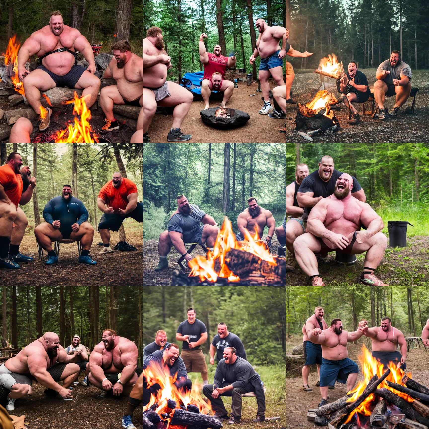 Prompt: big beefy burly strongmen laughing around a campfire in a camping, dad energy, wholesome, brotherhood, photography, high resolution, very detailed, clear, smooth, manly, epic, tumblr