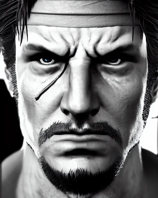 Image similar to solid snake bust portrait, cinematic lighting, backlit face, anguished depressed expression, close - up, black atmospheric background, 4 k photorealistic render, best of artstation hdr, redshift houdini