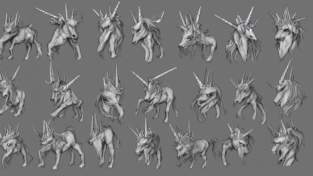 Image similar to a demonic unicorn character design sheet, trending on artstation