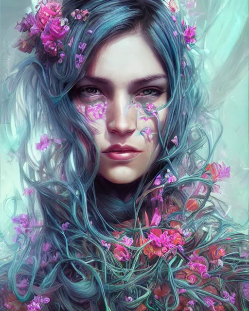 Prompt: photo realism portrait of beautiful cyborg woman long hair in cyborg clothes,, romantisism, outrun, pastel flowers, painting, dramatic, detailed, by android jones