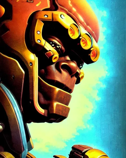 Image similar to doomfist from overwatch, character portrait, portrait, close up, concept art, intricate details, highly detailed, vintage sci - fi poster, retro future, vintage sci - fi art, in the style of chris foss, rodger dean, moebius, michael whelan, and gustave dore