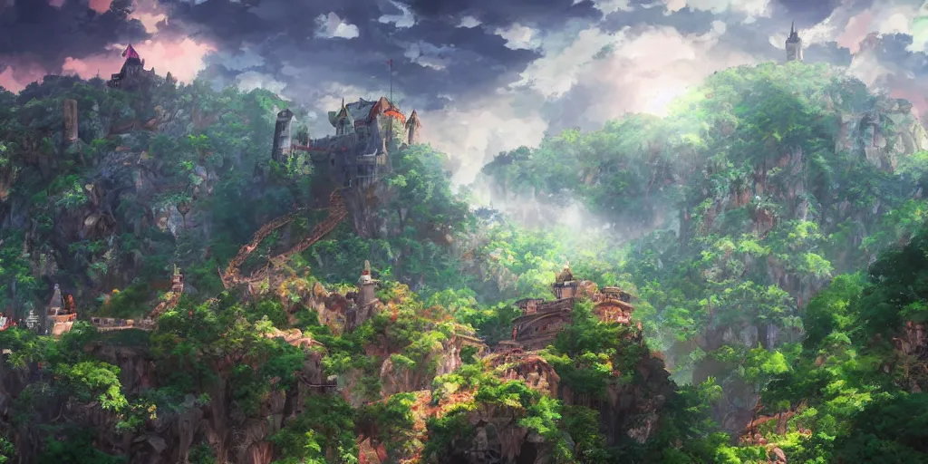 Image similar to in the middle of the fantastic wilderness stands the castle, wide, dream, shinkai makoto, rich colors, height lighting, illustration, crazy detail, hyper - detail