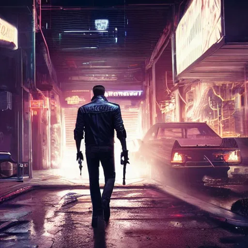 Image similar to a detailed full bodied 3 d render of an extremely handsome jensen ackles as the terminator walking down a dark alley in cyberpunk 2 0 7 7, holding futuristic crossbow, volumetric lighting, octane render, 8 k, art by greg rutkowski and albert bierstadt and alphones mucha