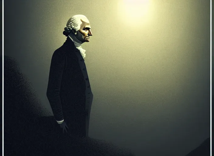 Image similar to illustrated portrait of george washington, mads berg, karolis strautniekas, christopher balaskas, stippled light, low fog, moody, fine texture, editorial illustration, dramatic lighting, dynamic composition, detailed, matte print, muted color, ( ( victo ngai ) ), wide angle