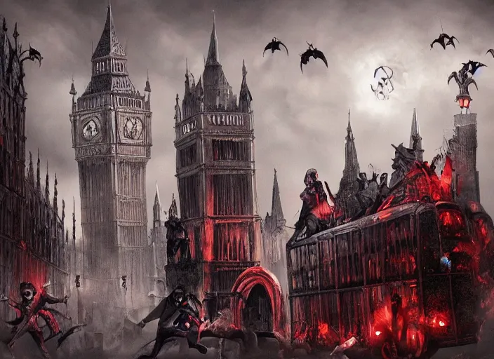 Image similar to vampires attacking london, horror, gothic, scary detailed, trending on artstation