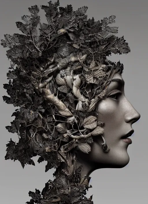 Image similar to a female android's face in profile, made of leaf skeletons, in the style of the Dutch masters and Gregory Crewdson, dark and moody intricate traditional Chinese textures, rococo decorations, hyper detail, Unreal engine,Octane render, by Karol Bak