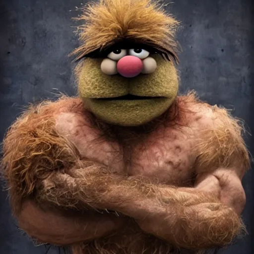 Image similar to a still of a forgotten muppet character looking very manly and modern, hilarious, laughing, hairy chest, huge chin, manly monster tough guy, roughled fur, photo real, photographic, photograph, artstation, trending, featured