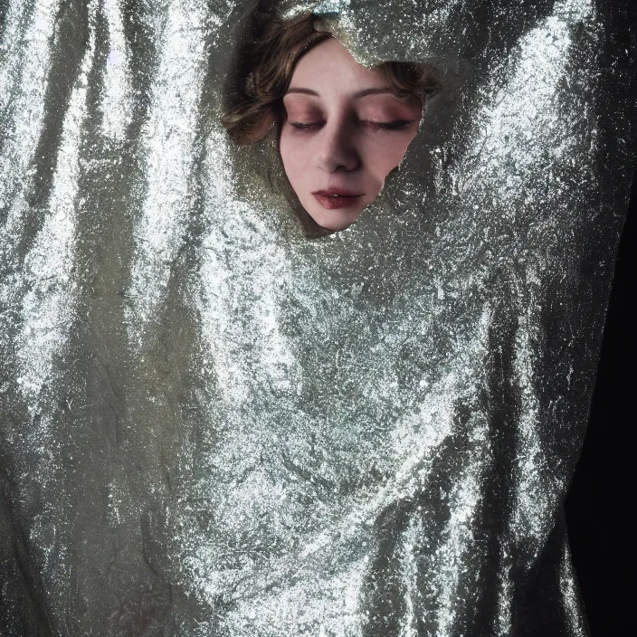 Prompt: closeup portrait of a woman wrapped in luminescent foil, standing in the snow, color photograph, by vincent desiderio, canon eos c 3 0 0, ƒ 1. 8, 3 5 mm, 8 k, medium - format print