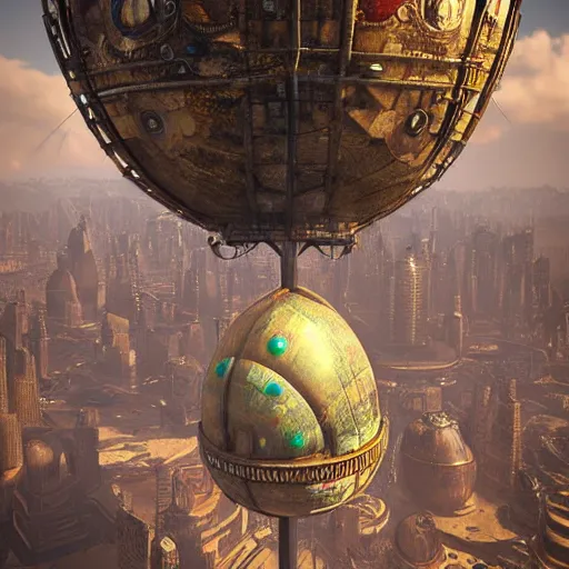 Image similar to enormous flying city in a rusted faberge egg, sky, steampunk, fantasy art, unreal engine,