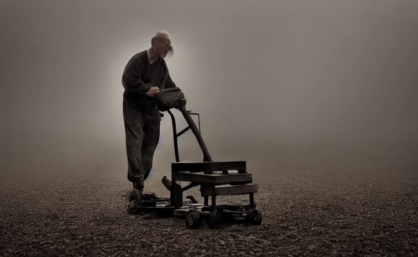 Image similar to a photographic portrait by Annie Leibovitz of man using a pallet jack, closeup, foggy, sepia, moody, dream-like, sigma 85mm f/1.4, 15mm, 35mm, 4k, high resolution, 4k, 8k, hd, full color