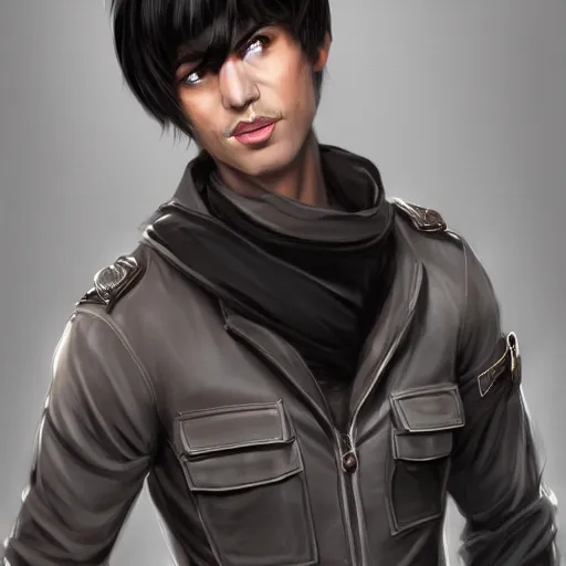 Prompt: portrait of a man by Artgerm, he is about 30 years old, short black hair with bangs, his features are a mix between French, Turkish and Russian and he is wearing a beige and black utility jumpsuit, highly detailed portrait, digital painting, artstation, concept art, smooth, sharp foccus ilustration, Artstation HQ