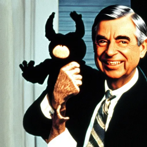 Image similar to Mister Rogers holding a devil puppet on his hand