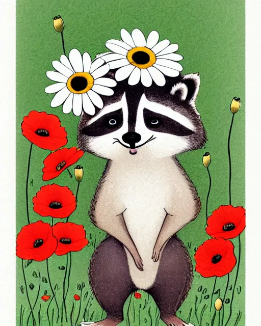 Image similar to a minimalist storybook illustration of a smiling happy cute raccoon wearing a flower crown of daisies and poppies, by antoine de saint - exupery and annabel kidston and naomi okubo and jean - baptiste monge. a child storybook illustration, muted colors, soft colors, low saturation, fine lines, white paper